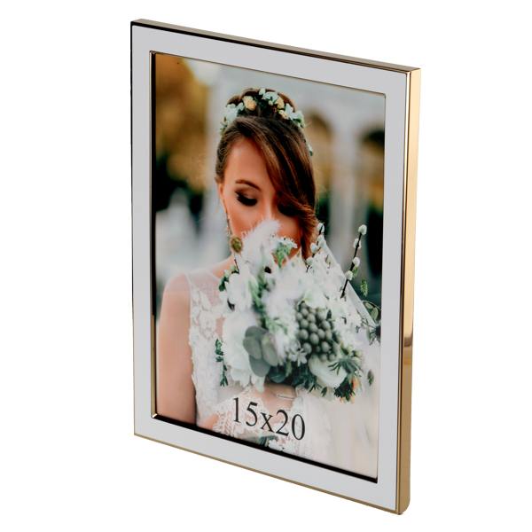 Biała ramka metalowa ze złotym paskiem na zdjęcie 15x20 cm